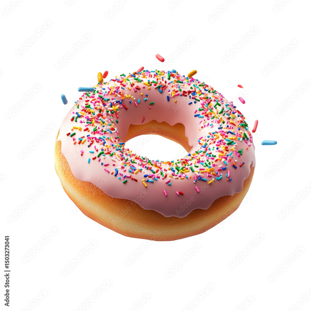 A single donut with pink frosting and colorful sprinkles on a black background in a studio shot A single donut with pink frosting and colorful sprinkles on a black background in a studio shot