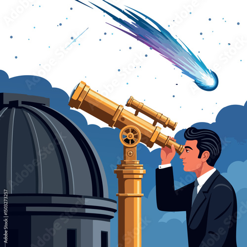 Man Using Telescope Observing Comet in Night Sky with Observatory Dome Background 