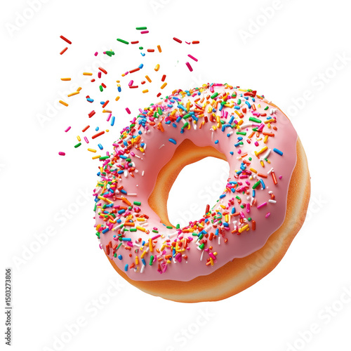 A pink frosted donut with colorful sprinkles on a black background with sprinkles floating away