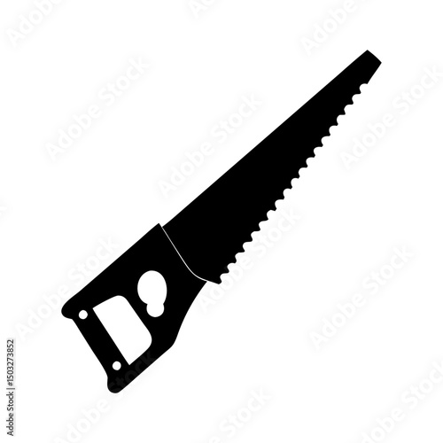 Isolated black hand saw graphic with ergonomic handle for cutting wood