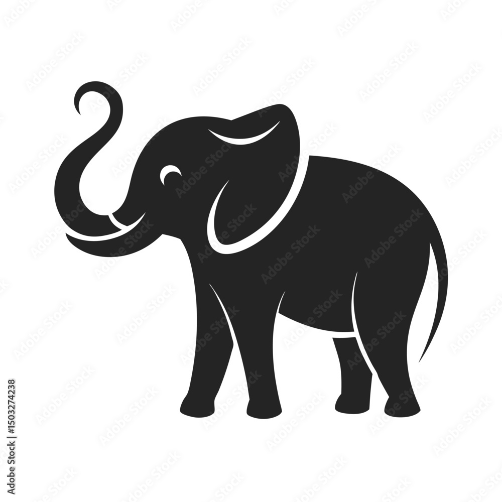 Fototapeta premium Simple silhouette of an elephant with curly trunk design on a clean white background