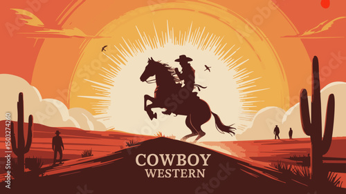 Triumphant Cowboy Rearing at Sunset in Stylized Desert Canyon