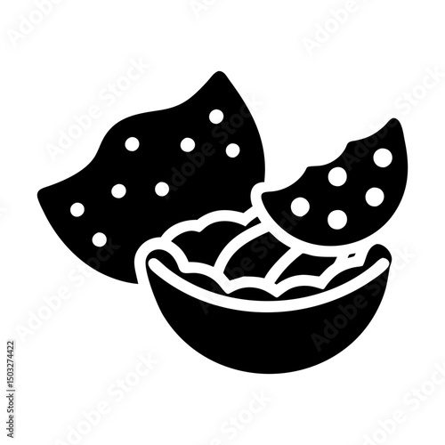 Black and white illustration of tortilla chips with salsa dip bowl