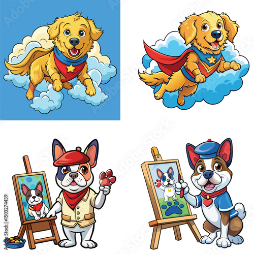 Cartoon Dog Characters Golden Retriever Superhero And Artistic Bulldog Illustration Set