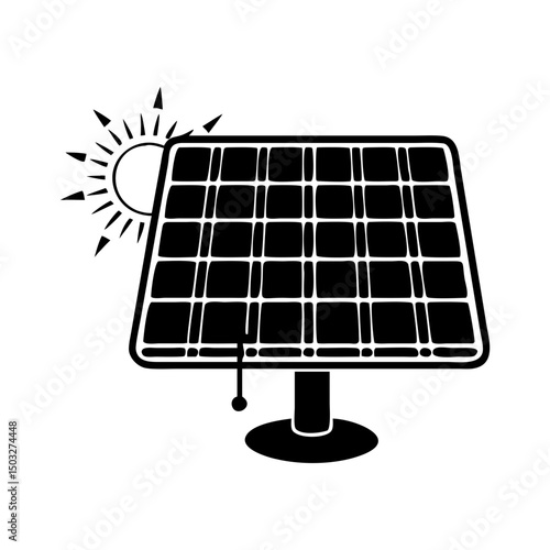 Stylized black and white solar panel with sun rays illustration