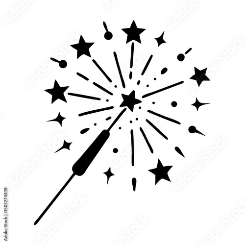 Stylized black and white depiction of a festive sparkler radiating stars