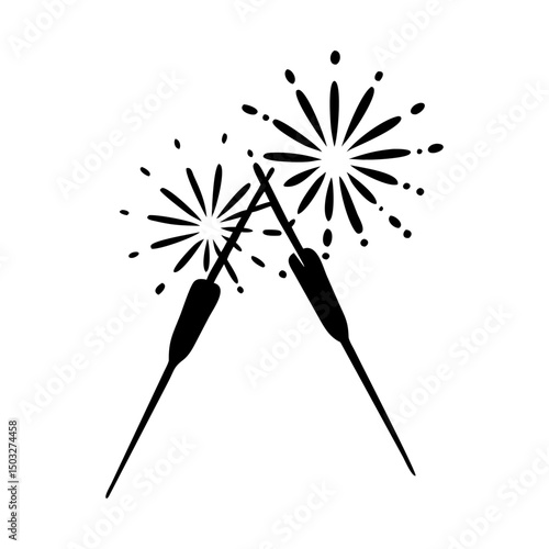Black and white sketch of two sparklers emitting starburst shaped sparks