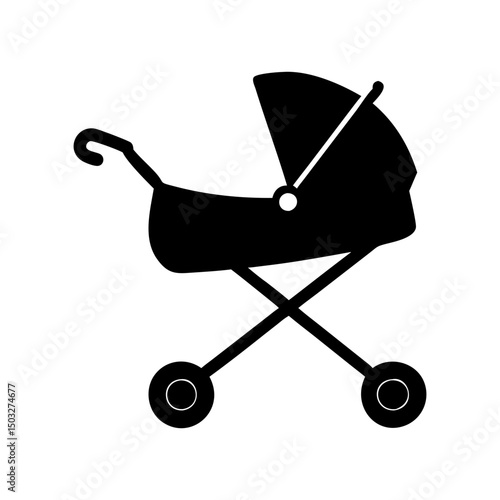 Black silhouette of a classic baby carriage or pram on white