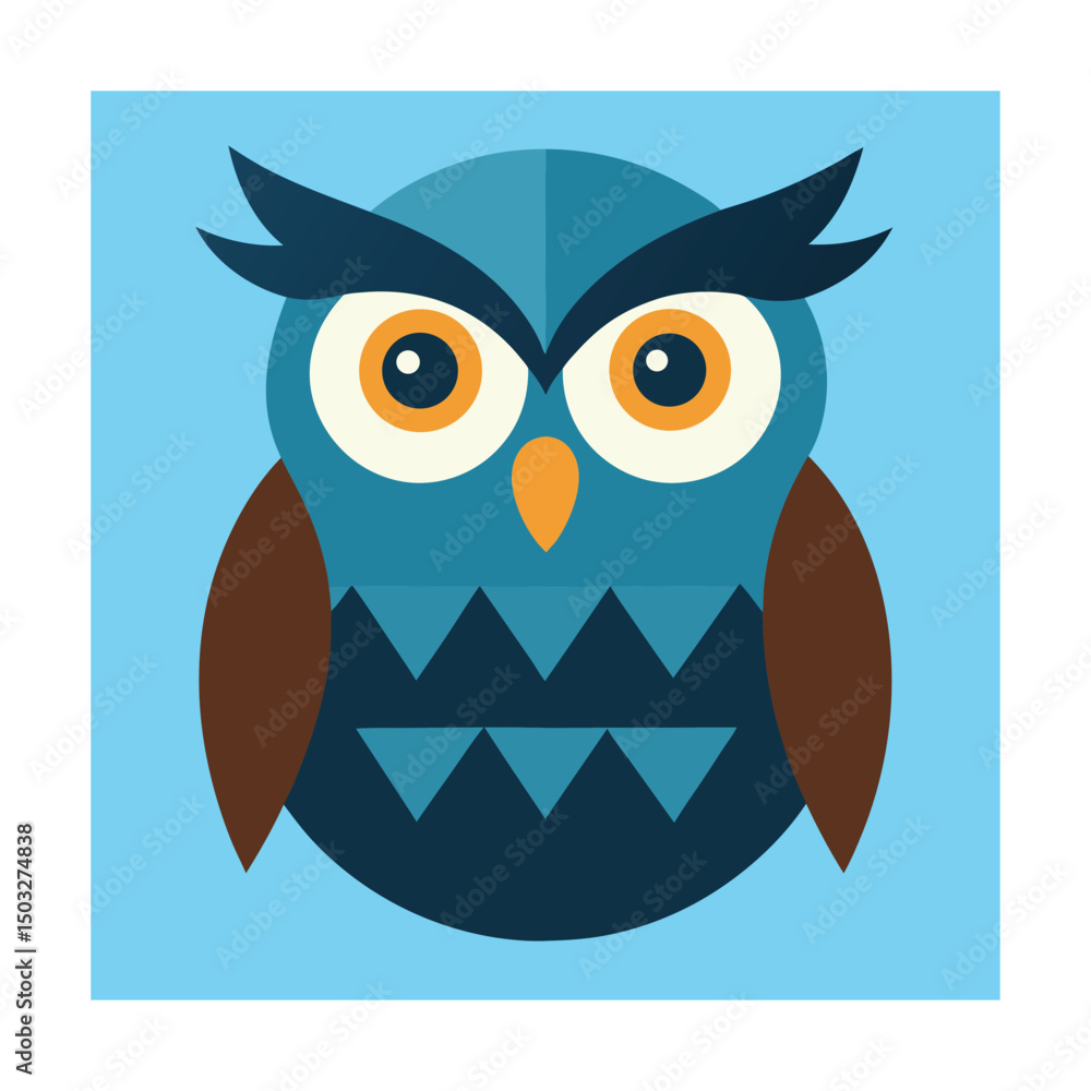 Obraz premium Flat design illustration of a blue owl with big eyes on a square light blue background