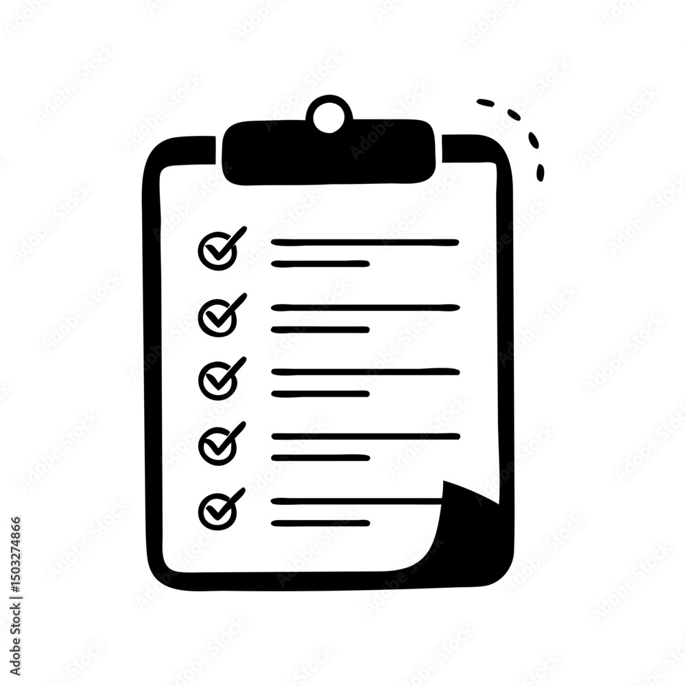Hand drawn style checklist on clipboard, four items marked complete Hand drawn style checklist on clipboard, four items marked complete
