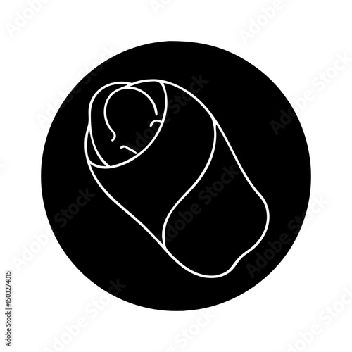 Infant swaddled in a blanket depicted with minimal white lines on black background