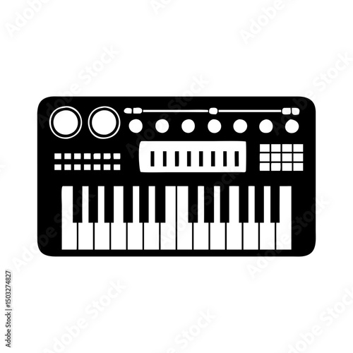 Black and white synthesizer illustration featuring knobs, keys, and various controls