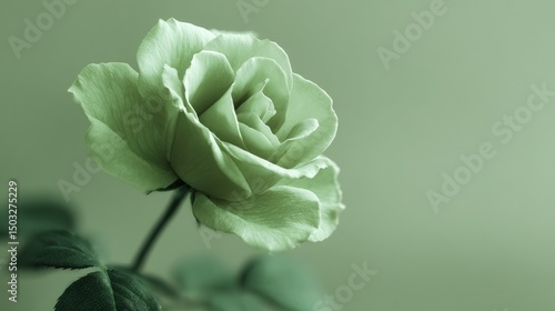 Elegant blooming green rose on soft green background close-up