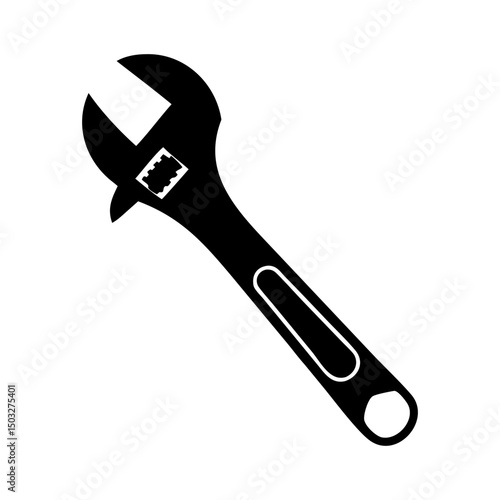 Black and white illustration of an adjustable wrench tool on white