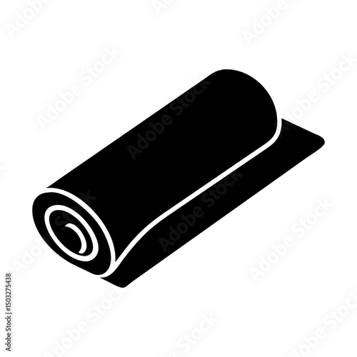 A minimalist black and white illustration of a rolled up yoga mat