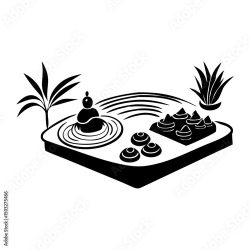 Zen Garden Illustration with Stacked Stone Sculpture and Raked Sand Design