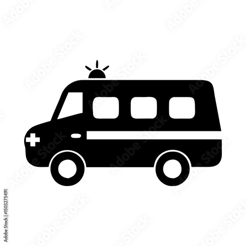 Black and white ambulance side view with emergency light on top