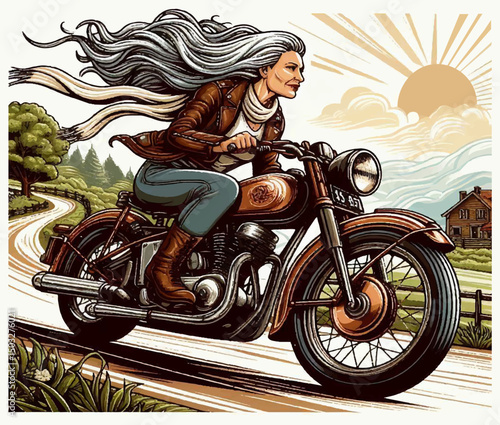 An elderly woman with luxuriant long hair in a leather jacket with a scarf rides a motorcycle past her ranch. Cartoon-style color illustration. Vector graphics. EPS.