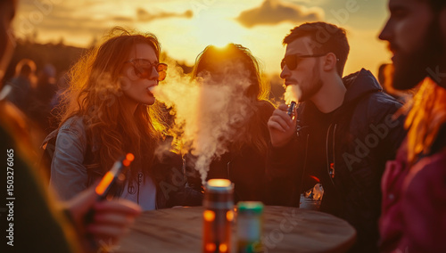 During a vibrant sunset, a group of diverse friends smoke e-cigarettes together, warm golden light illuminating the cozy outdoor setting.