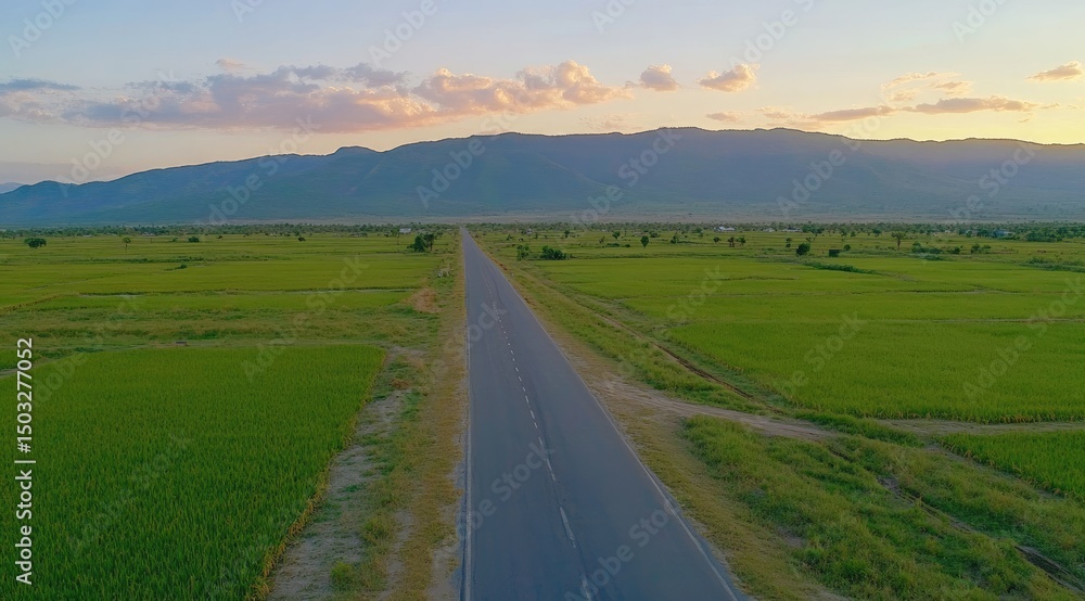 Fototapeta premium Asphalt road through lush green rice paddies, mountains in the distance