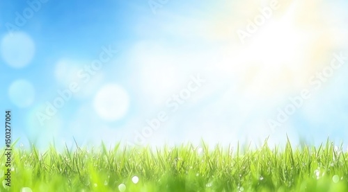 Fresh green grass with bokeh sunlit sky