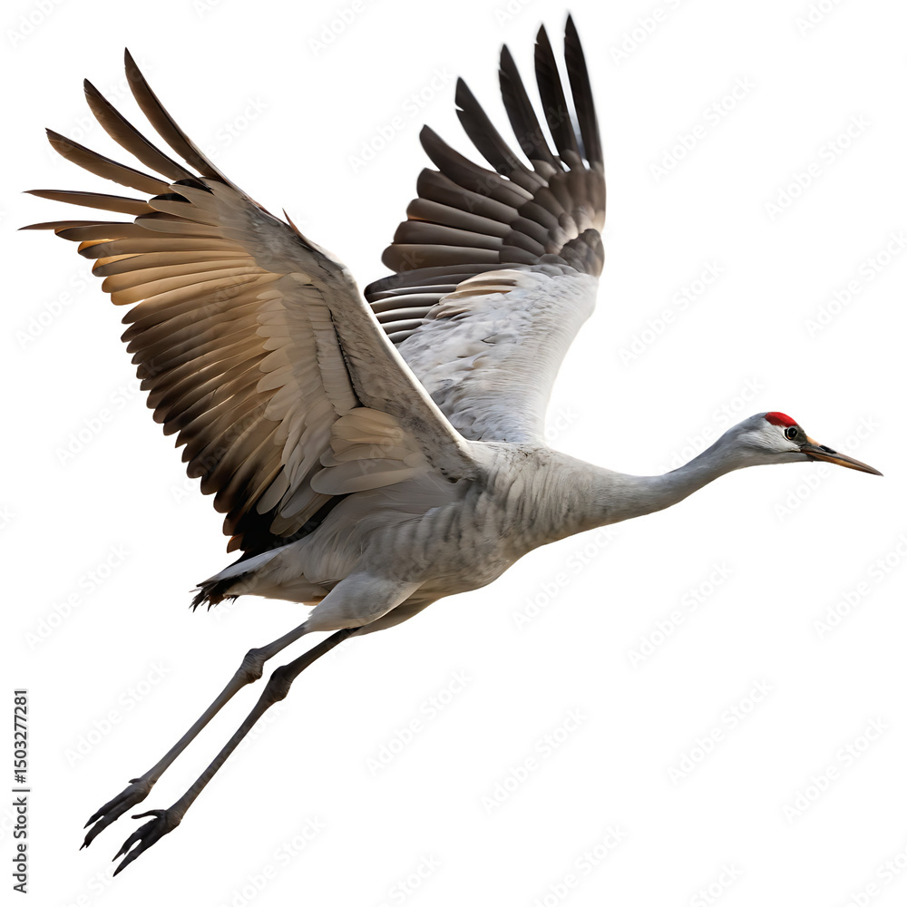 Fototapeta premium Majestic crane bird with wings spread mid flight isolated on a transparent background