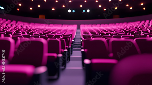 Fila de butacas de cine iluminadas en ambiente de sala oscura y moderna