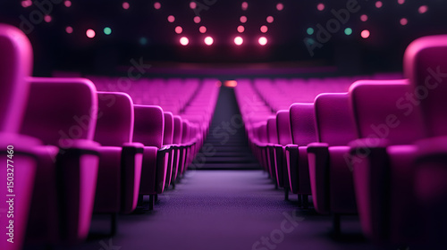 Fila de butacas de cine iluminadas en ambiente de sala oscura y moderna