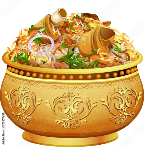 Iftar party invitation greeting Ramadan Kareem (Generous Ramadan) greetings for Islam religious festival Eid with Biryani