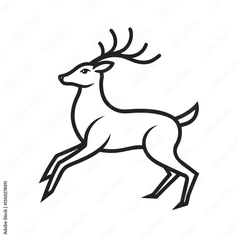 Fototapeta premium Simple black and white outlined jumping deer silhouette on a clean white background