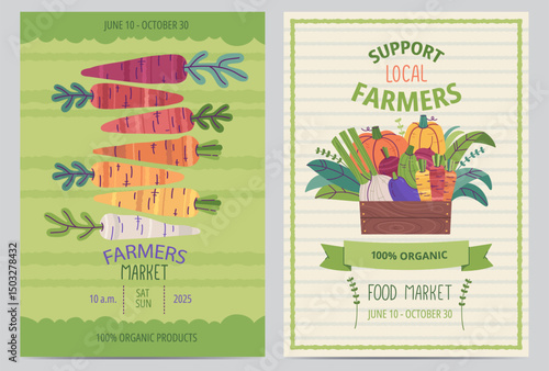 Set of Posters with Organic Products. Support Local Farmers. Farm Fresh Produce. Colorful Carrots on the Green Background. Crate Full of Vegetables