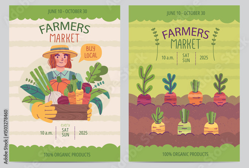 Set of Posters with Organic Products. Farmer Holding Crate with Vegetables. Farm Fresh Produce. Carrots Growing in the Ground