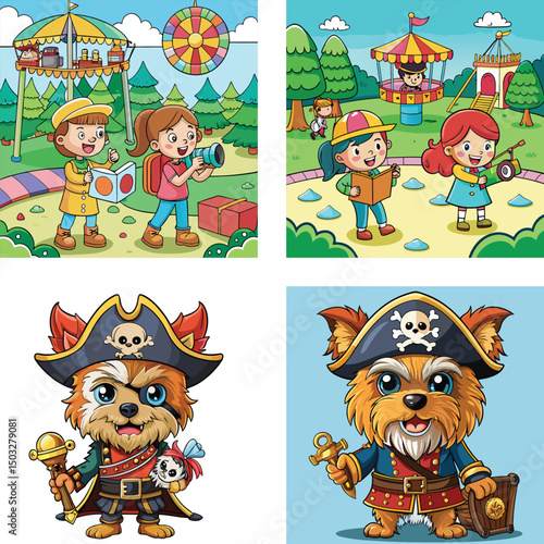 Cartoon Kids Playing At Carnival And Funny Pirate Dogs Illustration Set