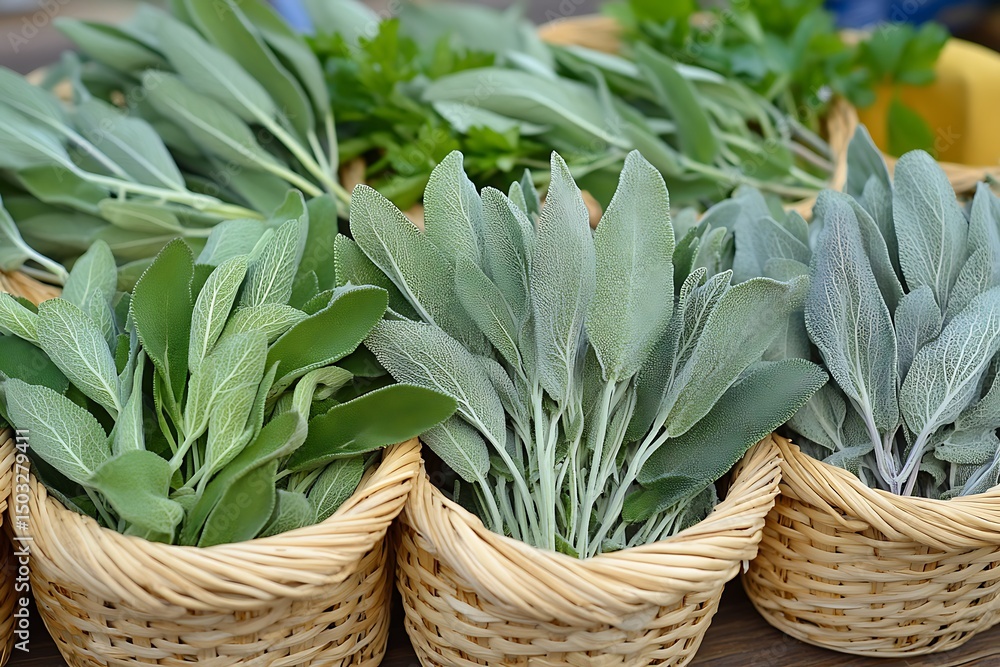 Obraz premium Fresh Herbs in Baskets at a Farmers Market