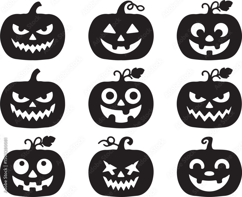 Assorted Halloween Pumpkin Faces Silhouettes Collection on Transparent Background Assorted Halloween Pumpkin Faces Silhouettes Collection on Transparent Background