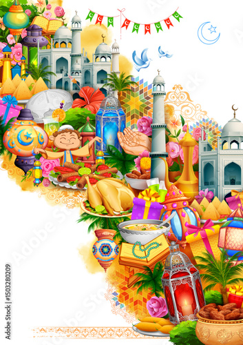 Ramadan Kareem (Generous Ramadan) greetings with mosque for Islam religious festival Eid