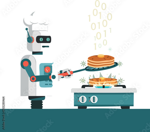 Robot cooking pancakes with binary code data in futuristic kitchen technology scene 