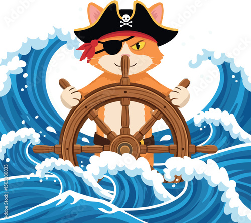 Pirate cat steering ship wheel through ocean waves vector illustration 