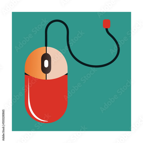 Colorful modern illustration of a computer mouse with a cable against a teal background