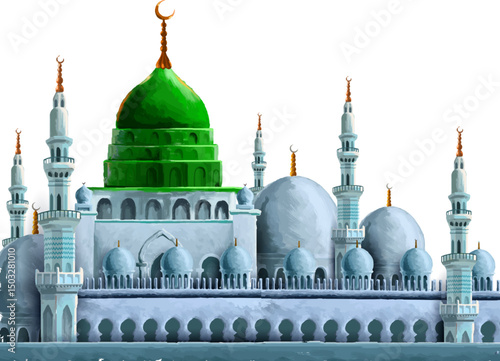 Ramadan Kareem (Generous Ramadan) greetings with mosque for Islam religious festival Eid