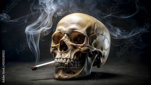 A skull with a cigarette in its mouth