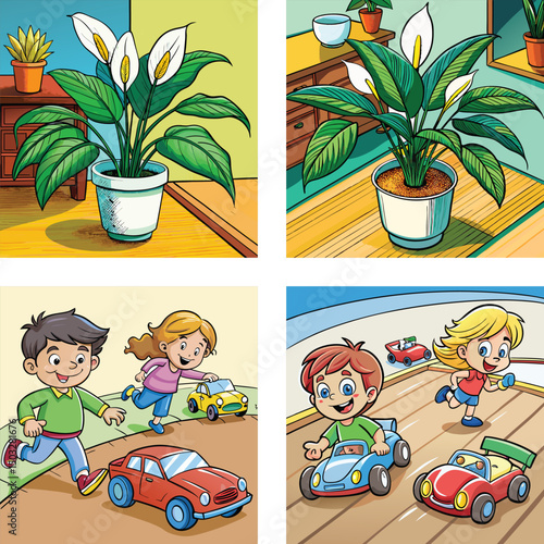 Cartoon Style Illustration Showing Kids Playing With Toy Cars And Potted Plants