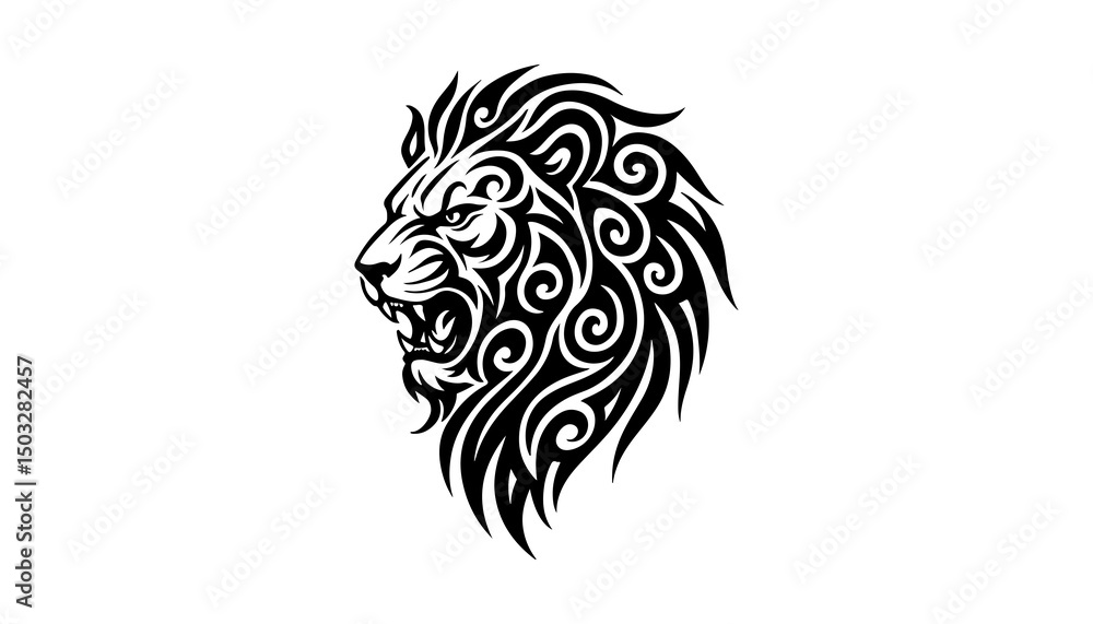 Fototapeta premium A silhouette of tribal tattoo lion head with roaring expression On white background