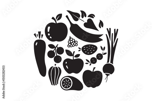 Fruits and Vegetables Silhouette Vector Healthy Food Icons