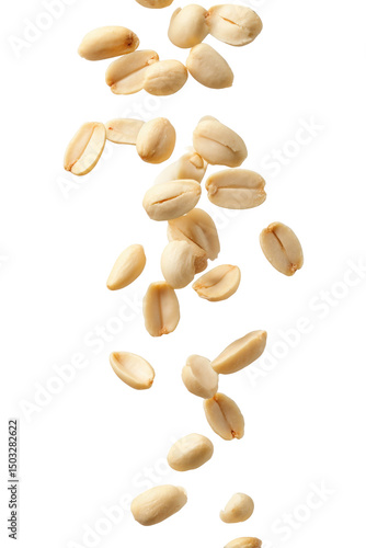 Falling shelled peanuts against a black background creating a dynamic and visually appealing composition