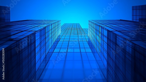 Low angle view of modern glass skyscrapers against blue sky