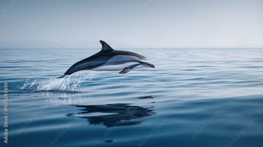 Fototapeta premium Dolphin in Mid-Air Jump Over Ocean