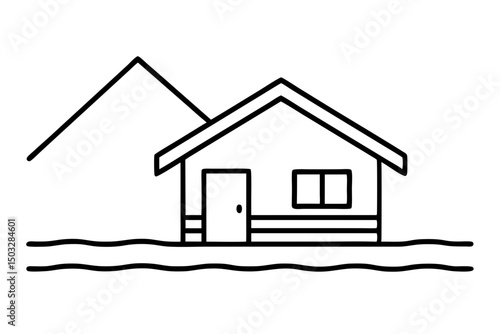 Minimalist Line Art Cabin by a Lake – Scenic Nature Vector Illustration

