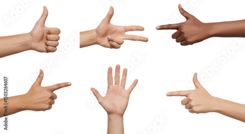 Diverse Hands Showing Various Gestures Thumbs Up, Hand Symbols, and Finger Guns