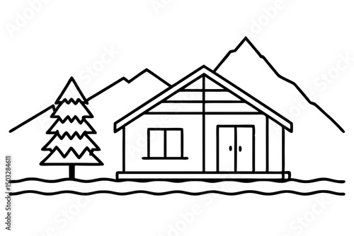 Minimalist Line Art Cabin by a Lake – Scenic Nature Vector Illustration

